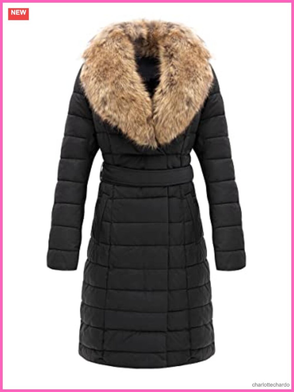 Faux Leather Quilted Puffer Long Winter Coat Removable Fur Collar Belted